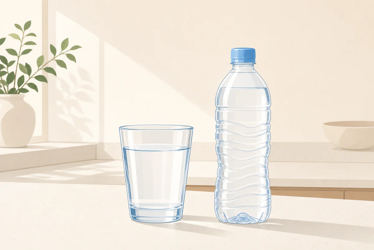 A glass of tap water beside a single-use plastic water bottle on a sunlit kitchen counter.