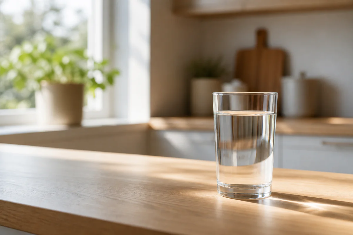 A clear glass of tap water on a sunlit kitchen counter, with a faint scatter of tiny particles suspended in the water and a water-treatment plant softly out of focus through the window.