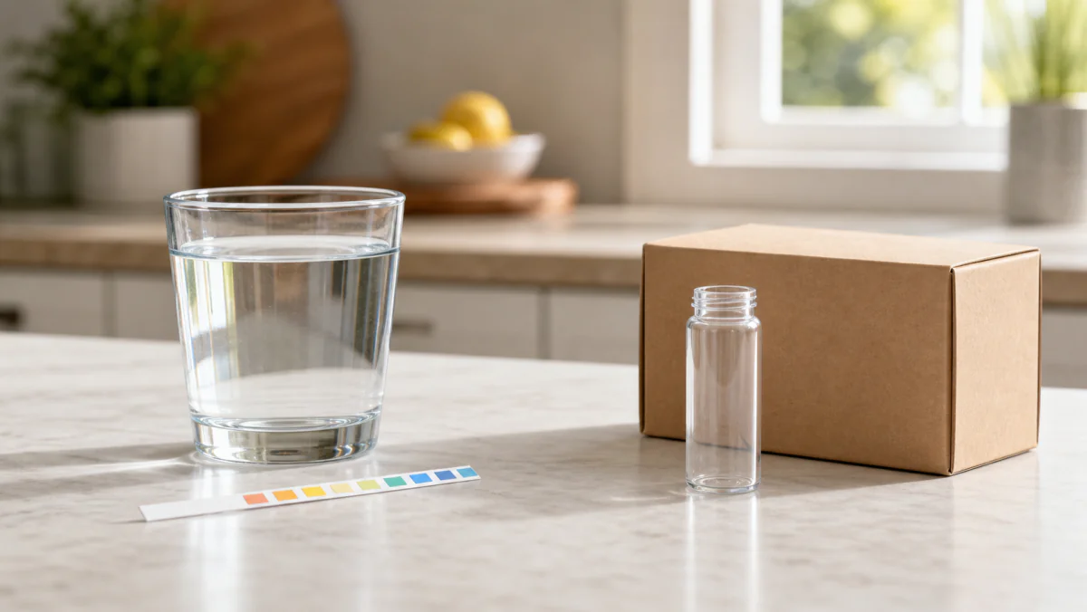 A colored water-testing strip beside a glass of water on the left, and an empty sample vial next to a plain mail-in test kit box on the right, on a sunlit kitchen counter.